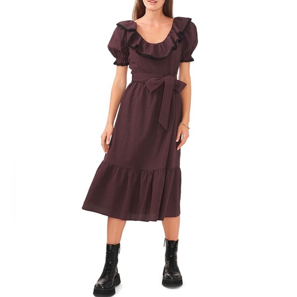 Ruffle Scoop Neck Short Puff Sleeve Chelsea and Violet Check Print Midi Dress - Picture 7 of 9
